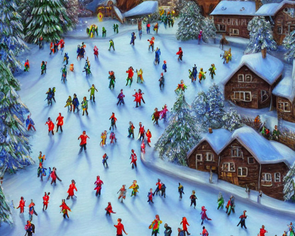 Winter scene: Animated ice-skating on frozen pond amidst snow-covered cottages.
