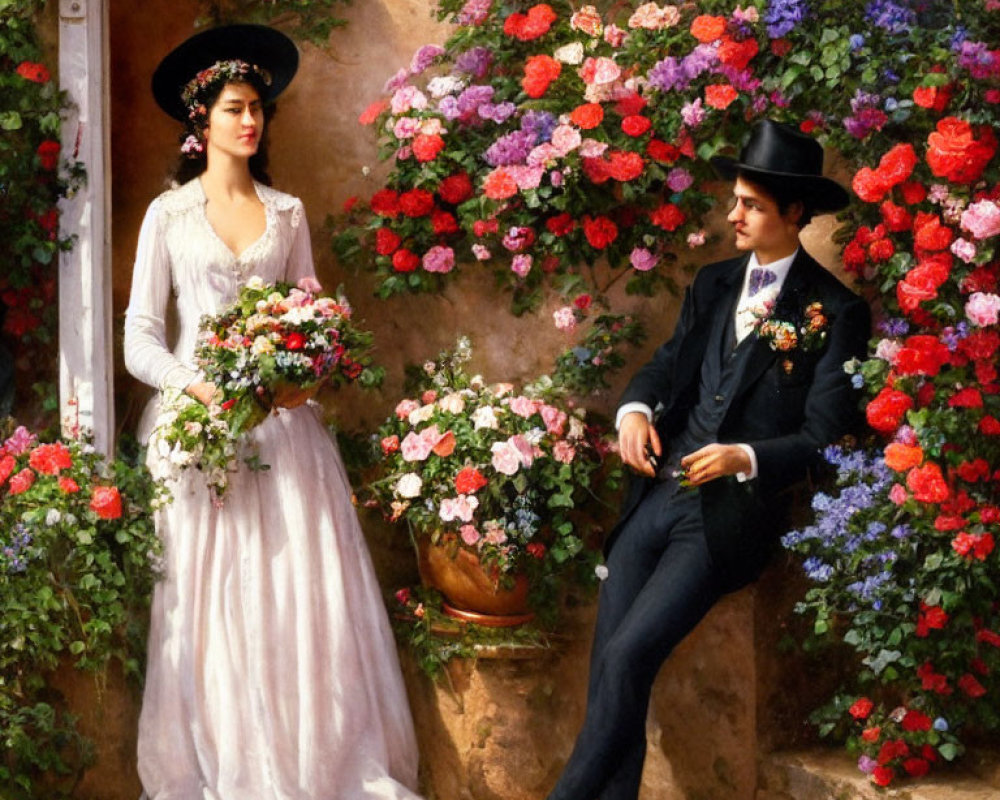 Woman in white dress with flowers next to seated man in formal attire by colorful blossoms.