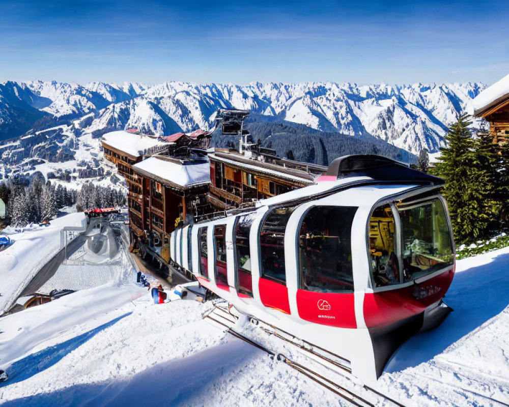 Scenic red and white tram on snowy mountain slopes
