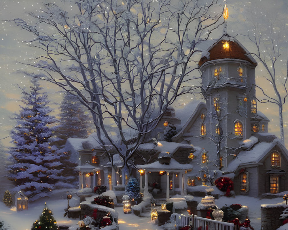 Snowy Evening: Cozy House with Christmas Decorations