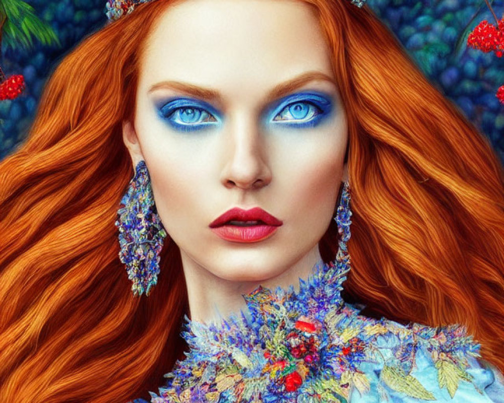 Vibrant red-haired woman with crystal crown in nature setting