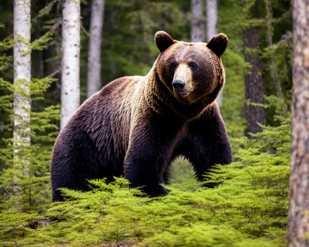 Brown bear in coniferous forest with focused gaze