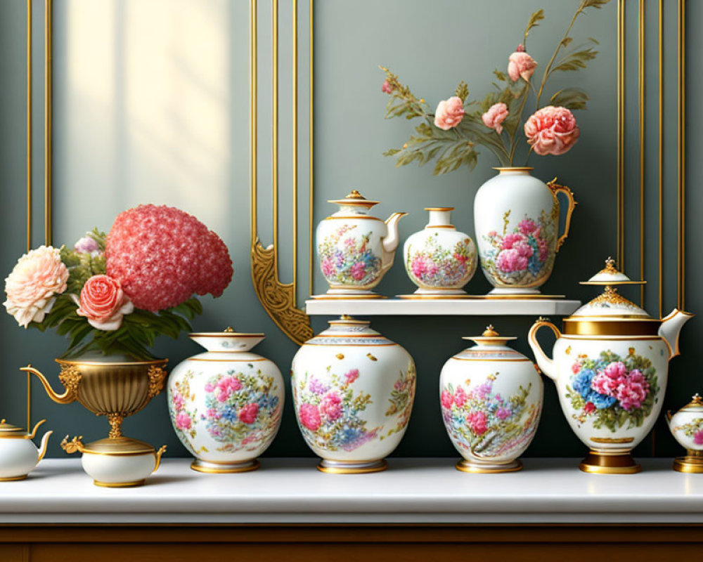 Ornate Floral Porcelain Tea Set Displayed in Classic Interior