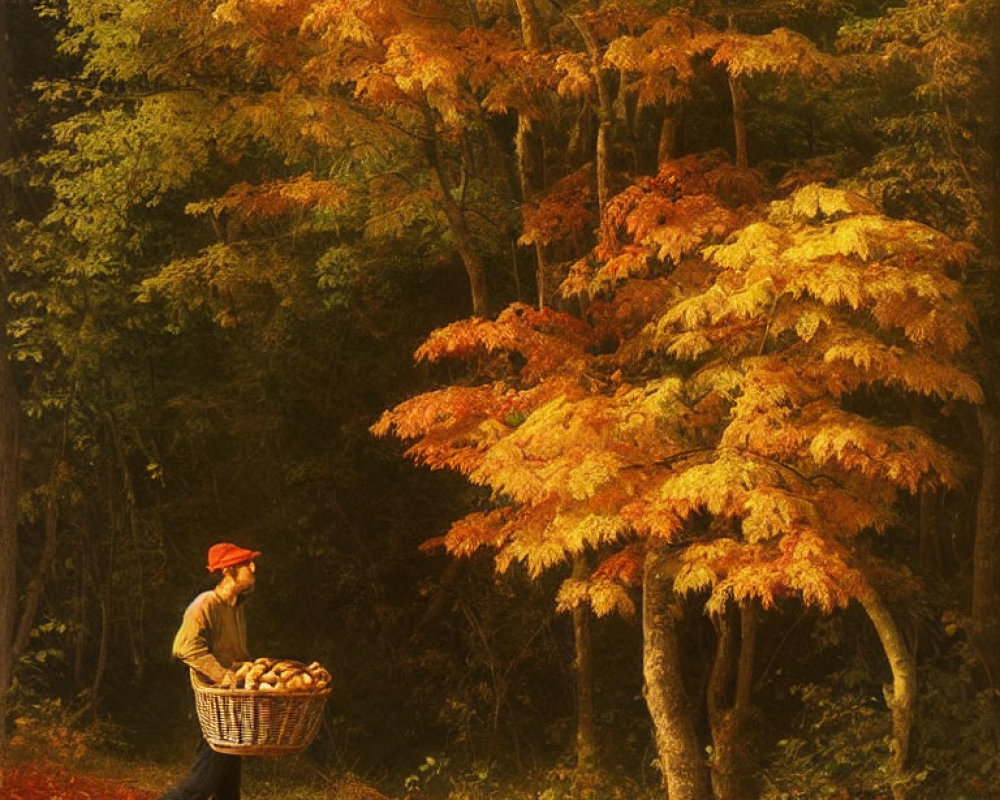Person with red hat carrying pumpkins in vibrant autumn forest.