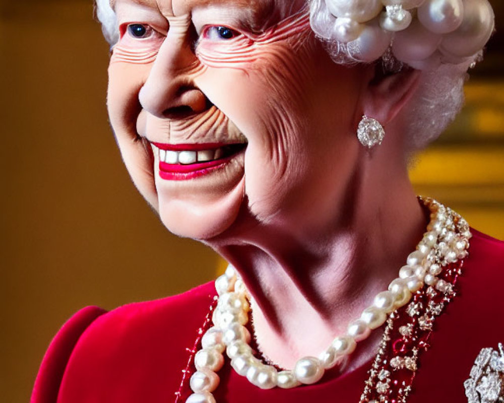 Regal woman in red attire with pearl jewelry and crown