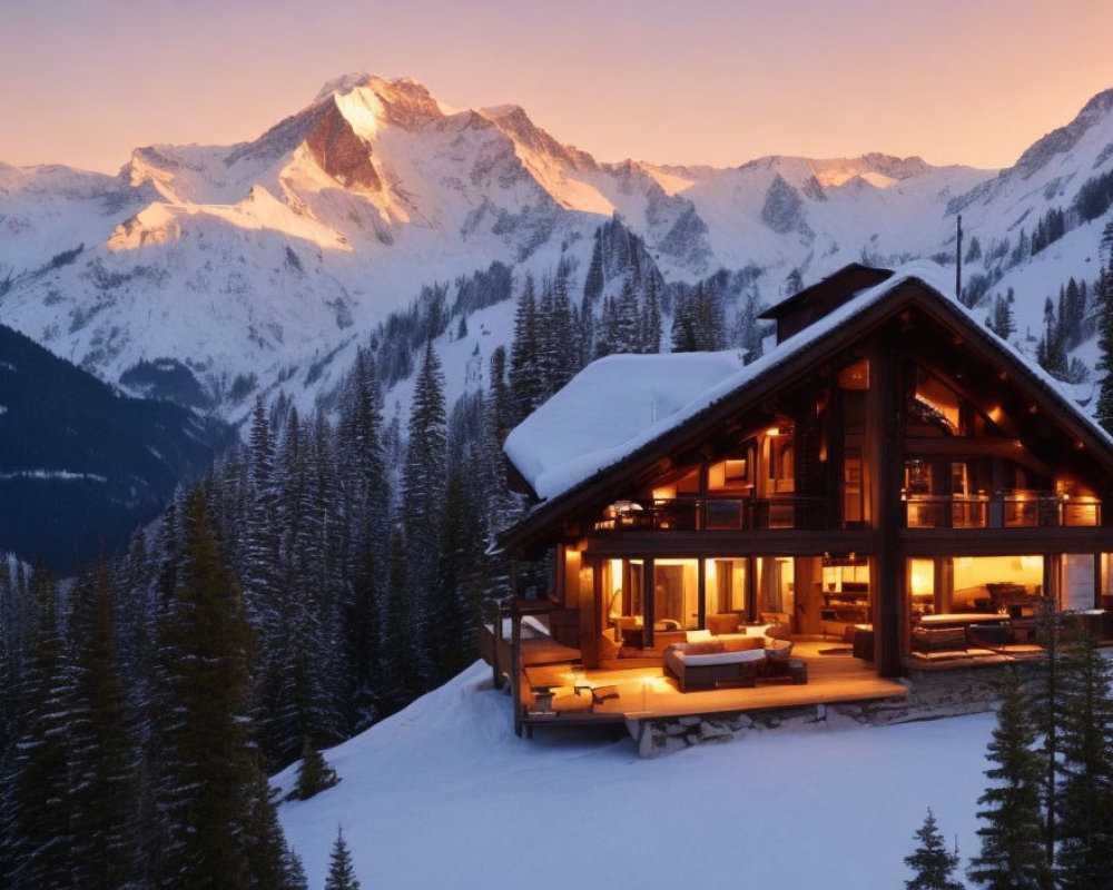 Snow-covered mountain chalet nestled among pine trees at sunset
