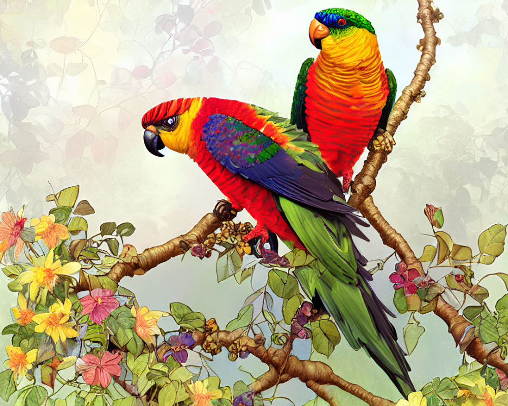 Colorful Parrots Perched on Branch with Lush Background