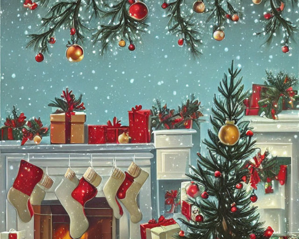Festive Christmas scene with stockings, gifts, ornaments, and snowy window