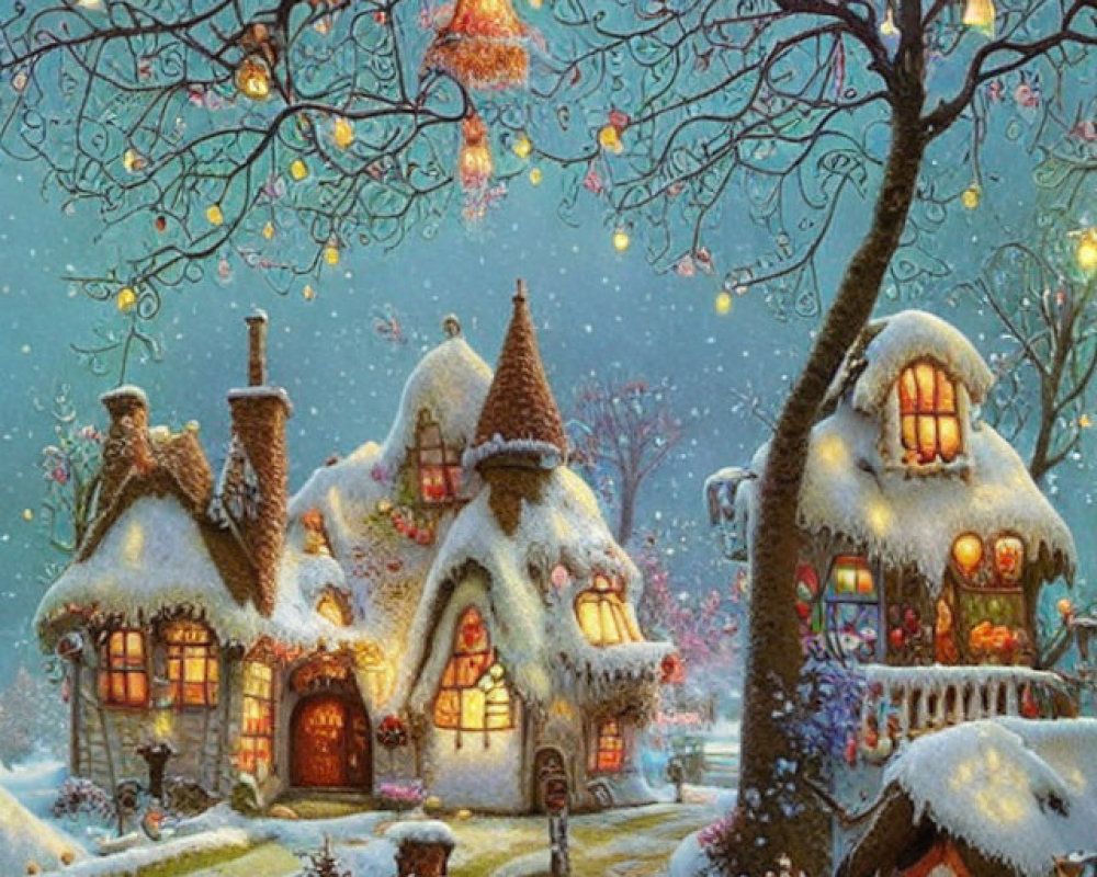 Snow-covered cottages with warm lights and falling snowflakes at twilight