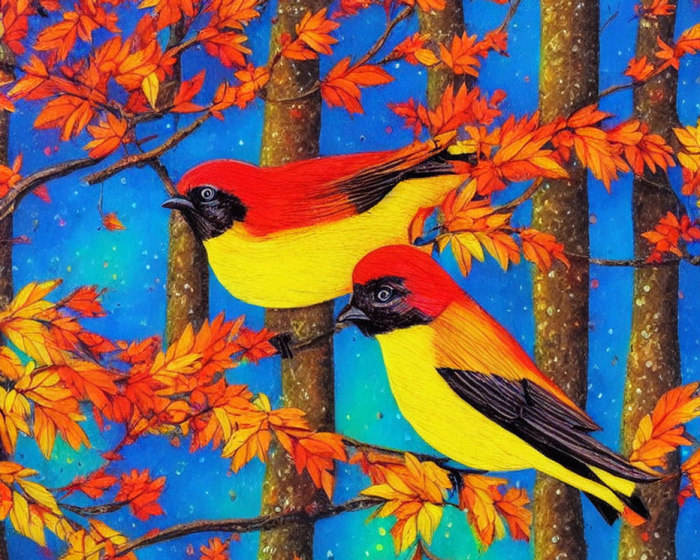 Vibrantly colored birds on branches with orange leaves against starry blue sky