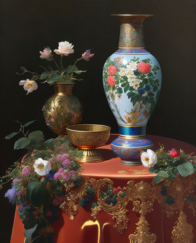 Colorful still life painting with blue vase, bronze pot, and gold bowl on red table