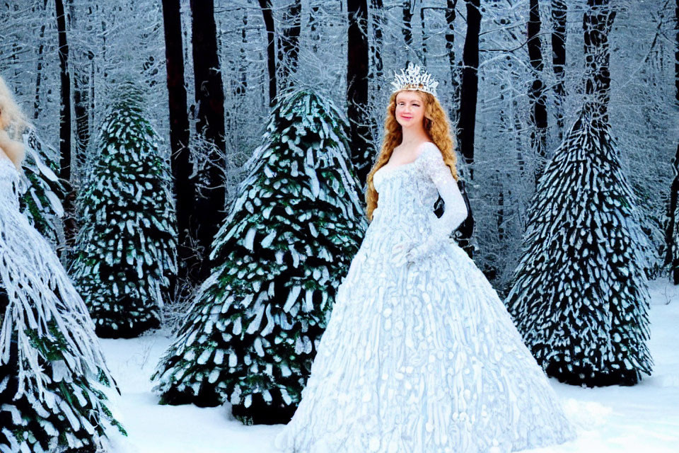 Snowflake-patterned gown woman in tiara amid snow-covered pine trees