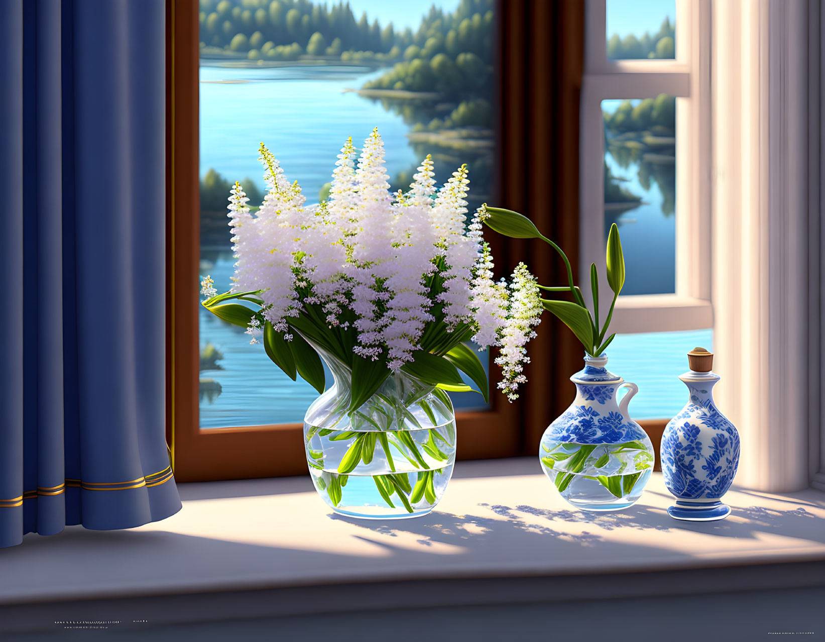 Tranquil lake view with white flowers and blue porcelain vase