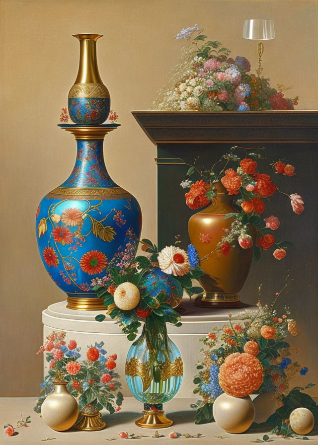 Vivid blue vase with flowers, glass vase, and ornaments in ornate still life