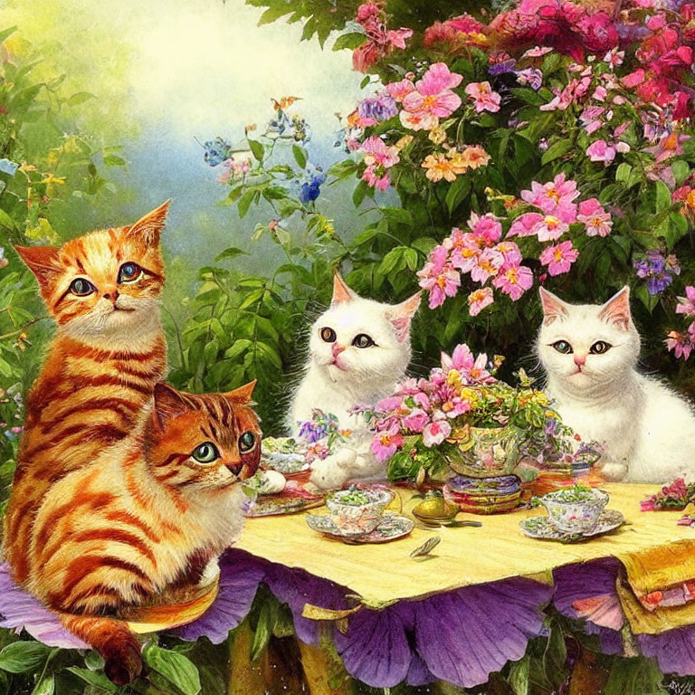 Three Cats Tea Party with Colorful Flowers