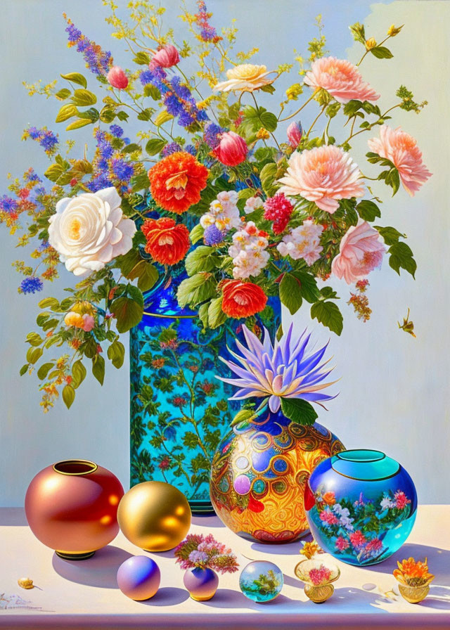 Colorful Flowers in Patterned Vase with Orbs and Bowls