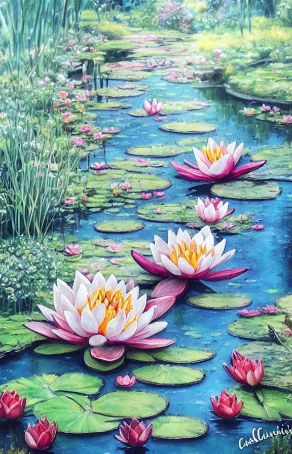 Tranquil water lily pond with pink and white flowers