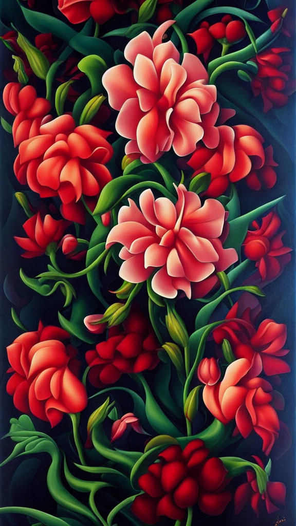 Colorful Floral Painting with Red and Pink Flowers on Dark Background