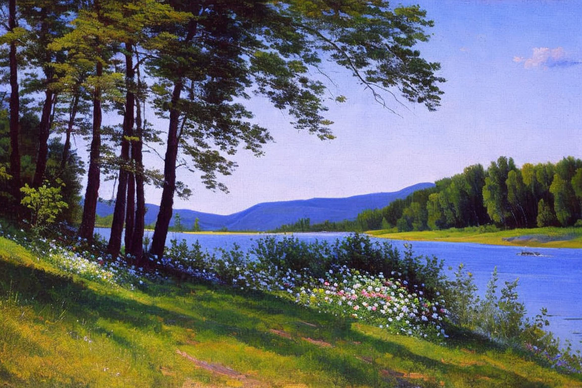 Tranquil landscape with trees, river, path, wildflowers, and mountains