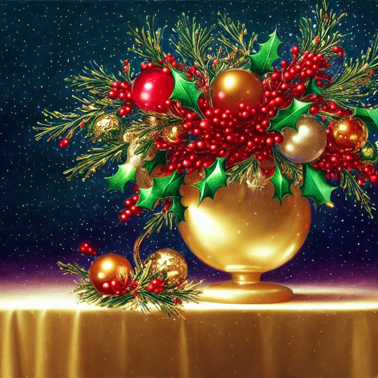 Festive holly berries, pine branches, and baubles in golden bowl on starry