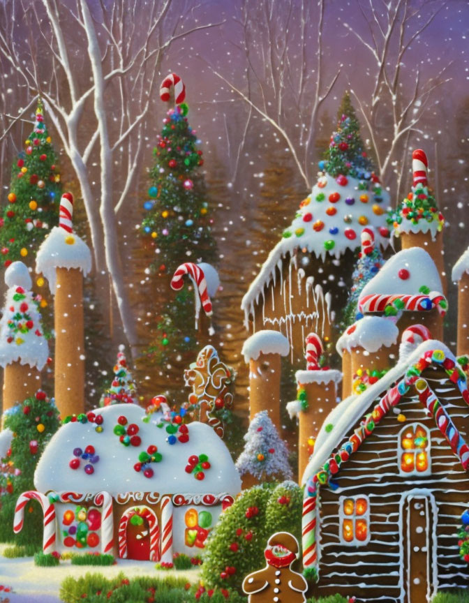 Winter Scene: Gingerbread Houses with Candy Canes and Lights