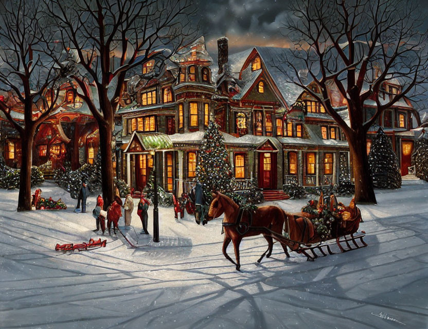 Winter Horse-Drawn Sleigh Scene with Victorian Christmas House