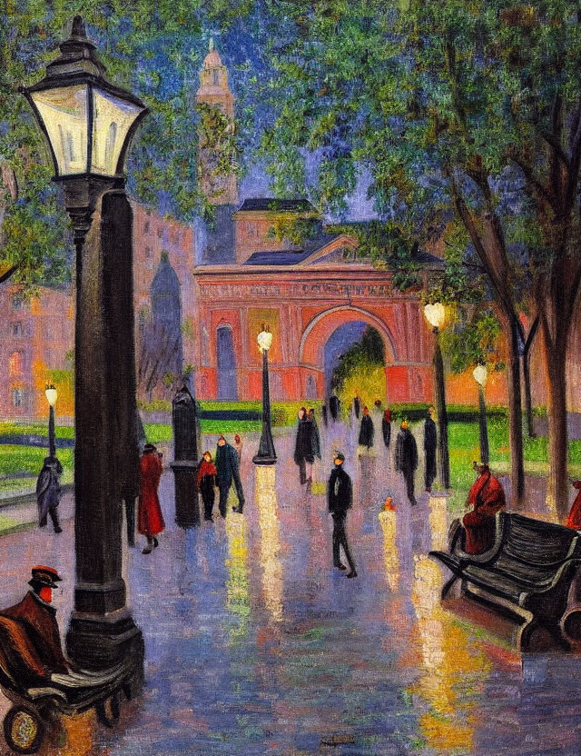 City park painting: bustling dusk scene with strolling figures, street lamps, benches, and archway