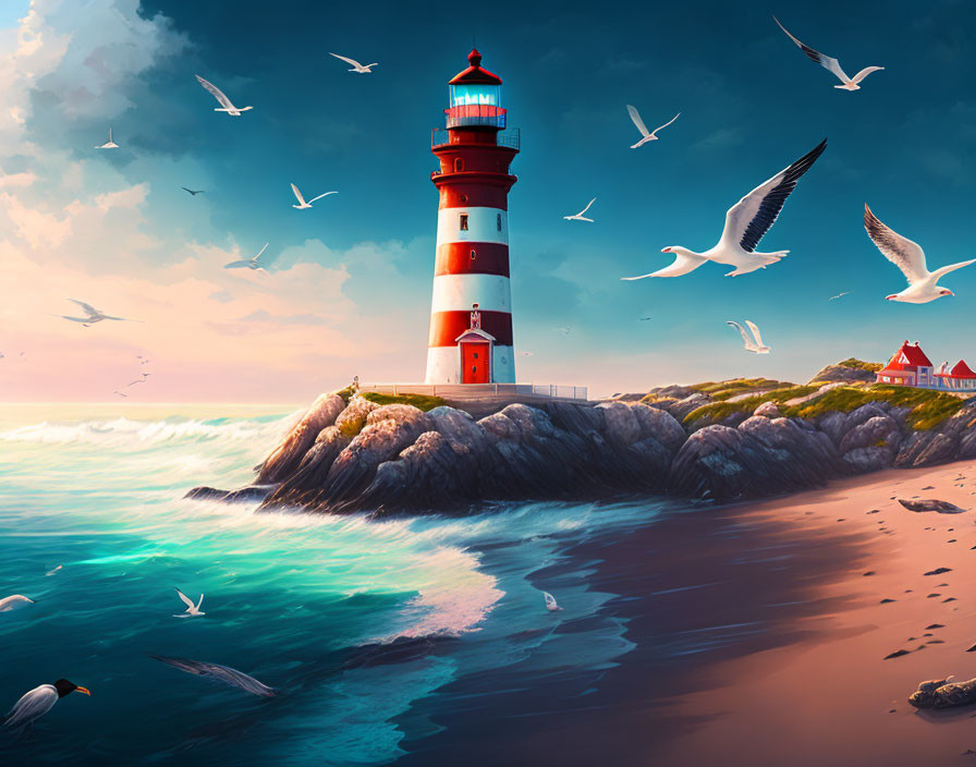Vibrant red and white lighthouse on rocky shoreline with seagulls in serene blue sky