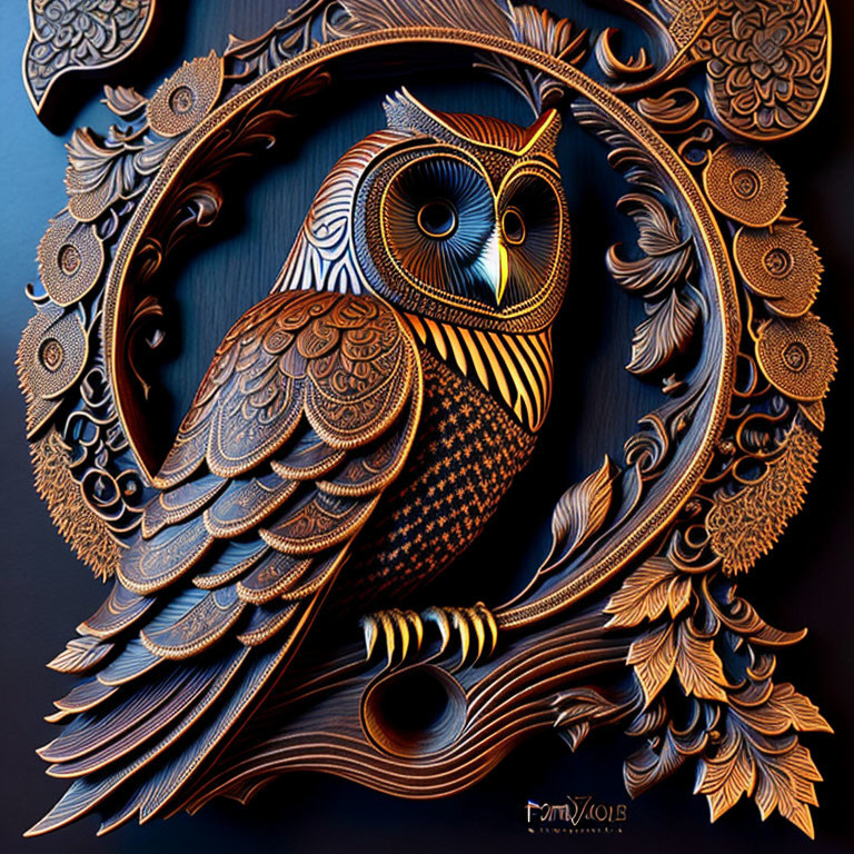Detailed 3D owl artwork with intricate feathers and symmetrical patterns