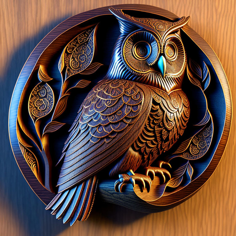 Intricately-carved wooden relief of owl on branch with swirl patterns