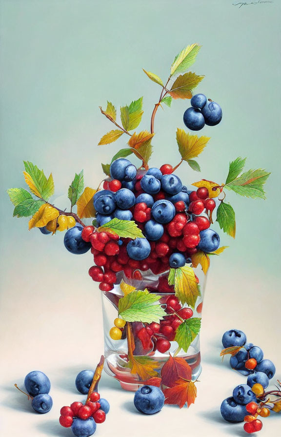 Realistic painting of glass with blueberries and red currants