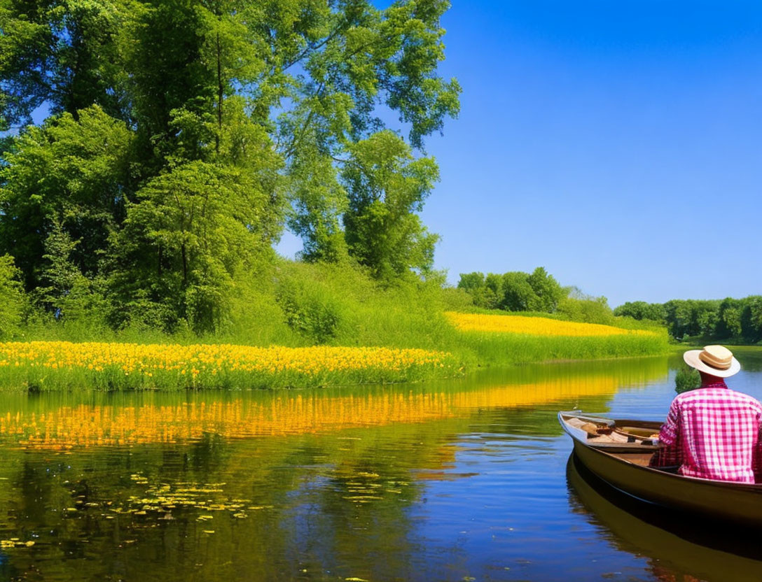 Canoe with person in hat on calm river surrounded by greenery and yellow flowers under blue sky
