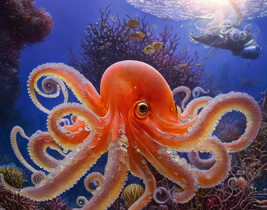 Orange octopus among coral and fish in underwater scene