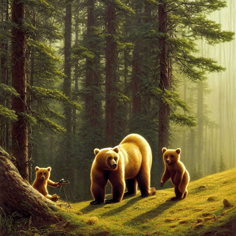 Bear and Two Cubs in Sunlit Forest with Curious Cub and Camera Tripod