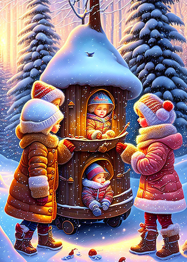 Children in winter clothes by glowing treehouse in snowy landscape