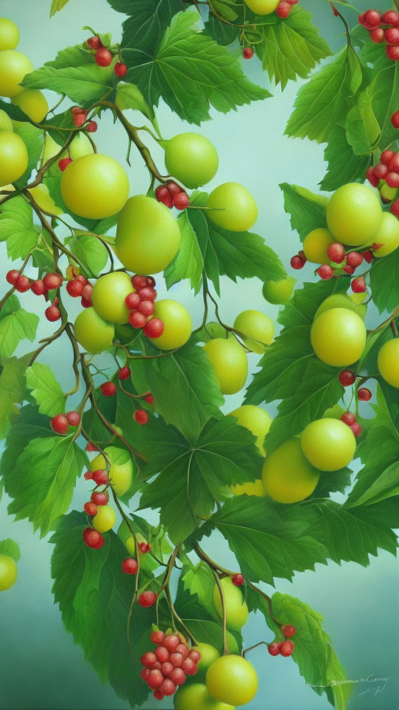 Verdant leaves, yellow fruit, and red berries on green branches.