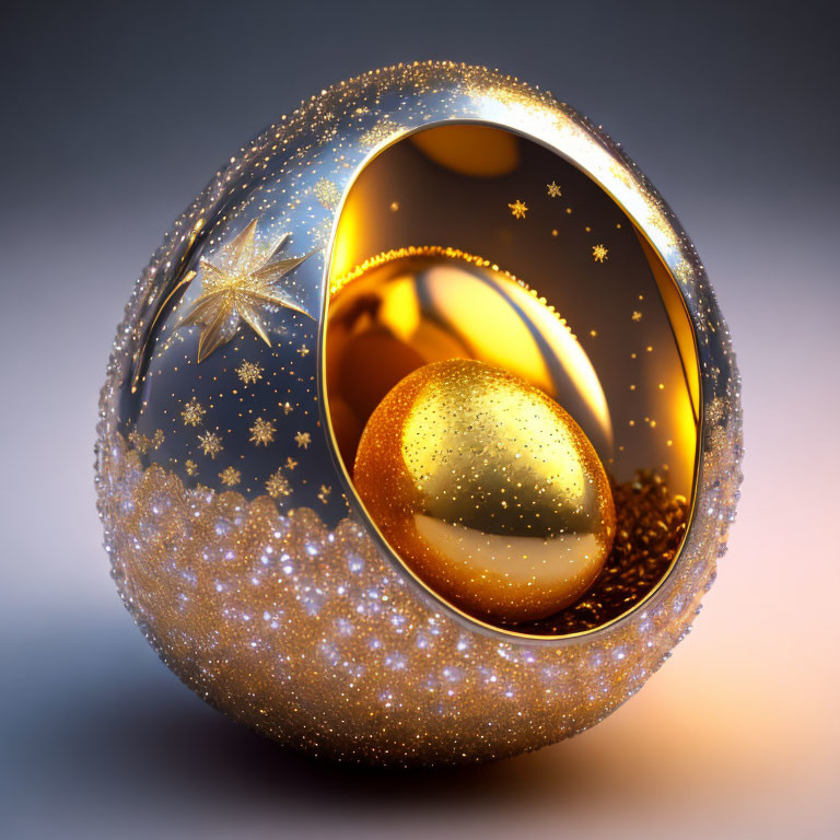 Shiny egg-shaped object with smaller golden egg inside, stars, and gradient background