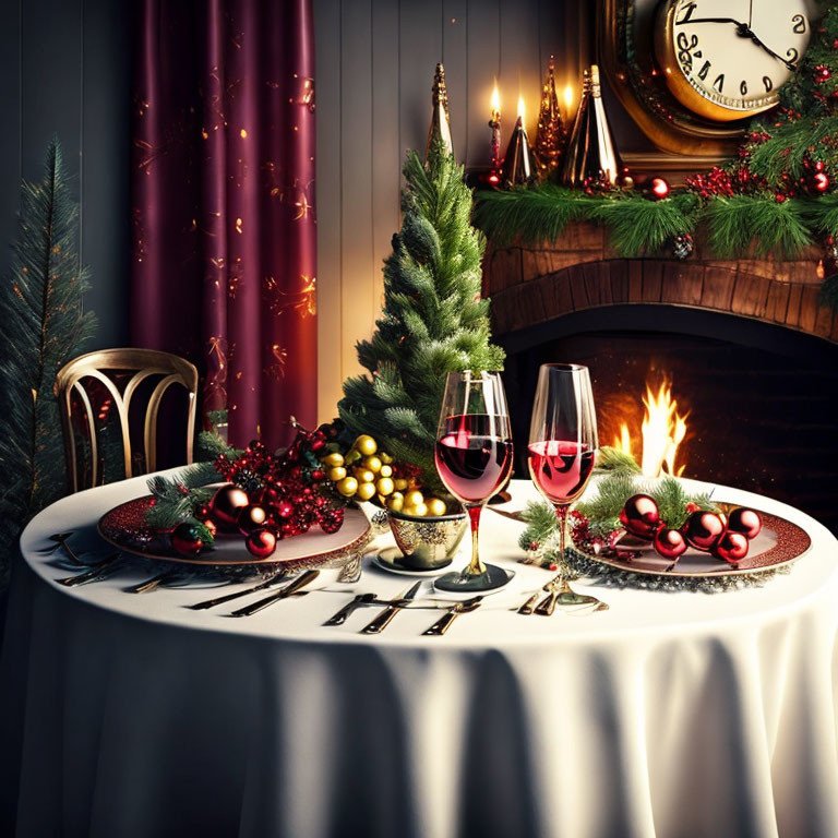 Festive Christmas table setting with red wine glasses and fireplace