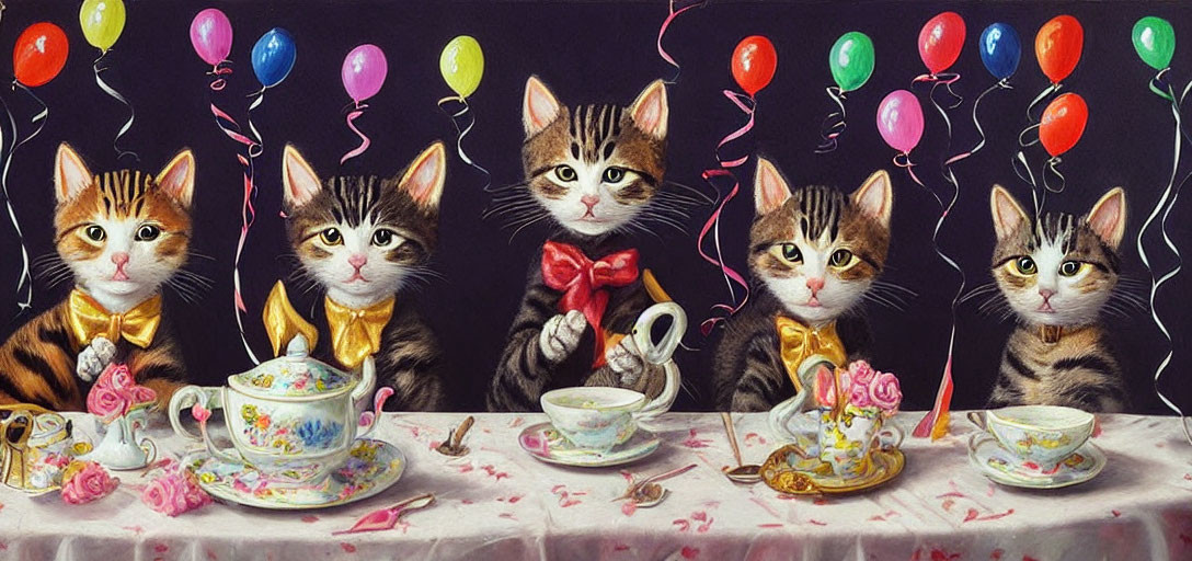 Four kittens at a tea party with bow ties, balloons, and confetti