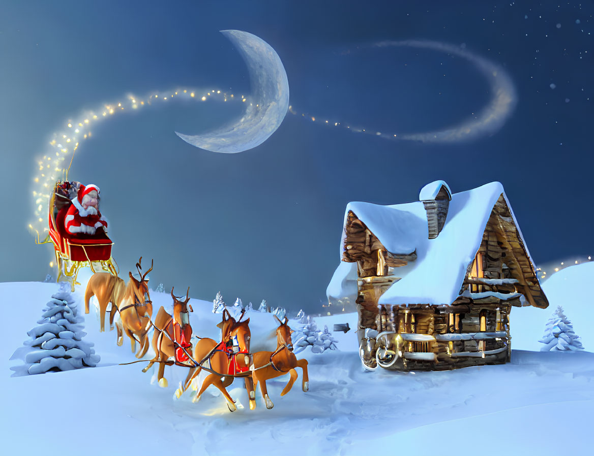 Santa Claus in sleigh with reindeers flying over snow-covered cabin at night