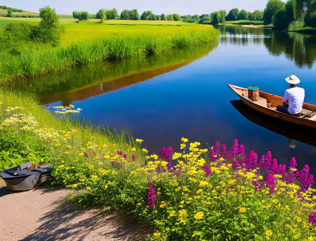 Person in white hat in wooden boat on calm river surrounded by wildflowers and greenery