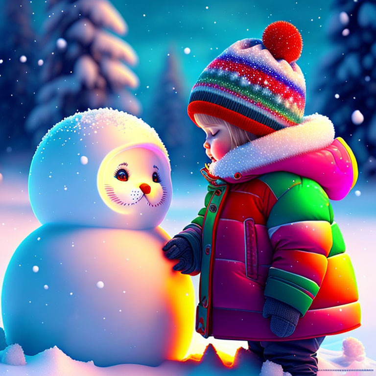 Child in Colorful Winter Outfit with Snowman in Snowy Night Sky