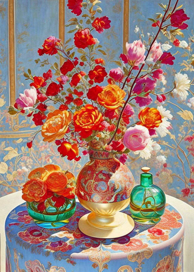 Colorful Flower Bouquet Still-Life Painting on Blue Patterned Table