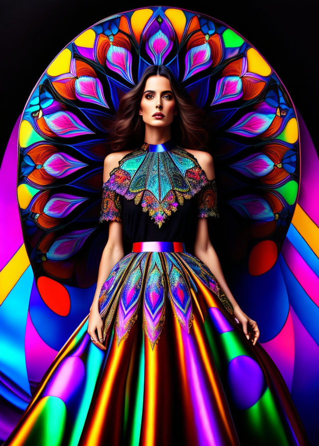Colorful Woman in Peacock Feather Pattern Dress on Multicolored Background