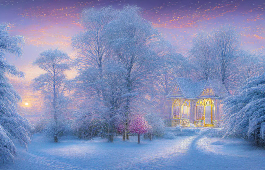 Snow-covered trees and illuminated gazebo in magical winter scene