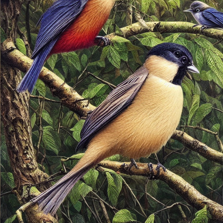 Vibrant blue-winged birds on branches in lush forest