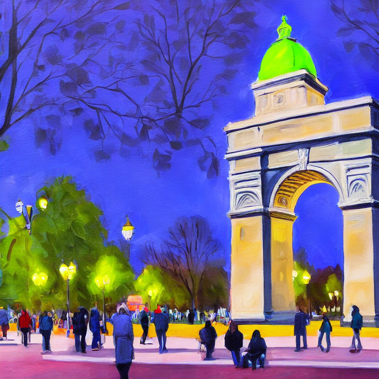 Colorful painting of a busy square with arch and green dome at dusk.