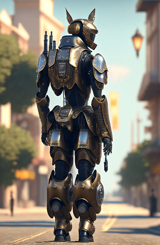 Sleek black and gold armored robot in futuristic urban setting