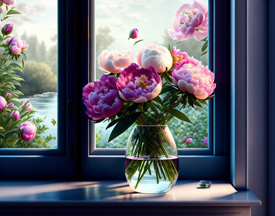 Blooming peonies in glass vase by window with river view
