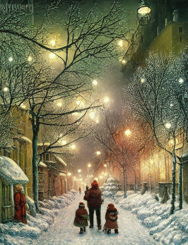 Snowy evening scene: Children on sled pulled by adult, glowing streetlights, snow-covered trees.